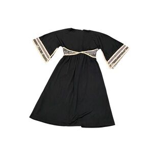 Vintage 1970's 70's Boho Bohemian Angel Sleeve Black Floral Stripe Dress Maxi